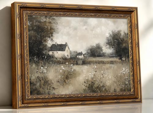 Vintage Gold Framed Wall Art - Moody Countryside Landscape Oil Painting Antique Farmhouse Cottage Wall Decor Ornate Framed Canvas for Living Room, Office & Entryway Rustic Pastoral Art 16x24in - color: garden, size: 24"L x 16"W