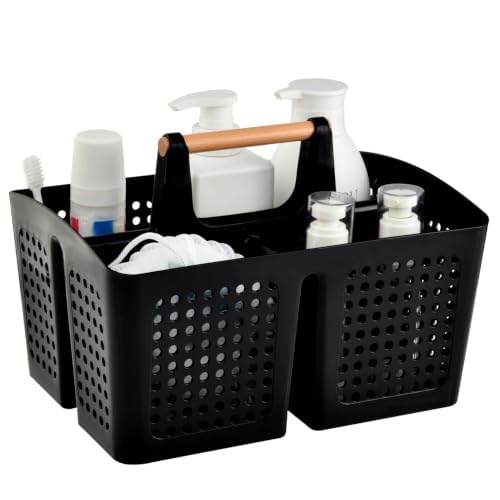 Portable Shower Caddy Basket with 3 Compartments and Handle, Black - color: Black