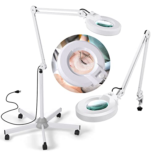LANCOSC 12X Magnifying Glass with Light and Stand, Floor Lamp with 5-Wheel Rolling Base for Facials Lash Estheticians, 2200 Lumens Dimmable LED Lighted Magnifier for Reading Sewing Crafts Close Work - size: 12X