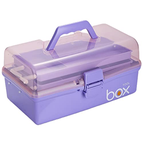 Kinsorcai 12'' Three-Layer Clear Plastic Storage Box/Tool Box, Multipurpose Organizer and Portable Handled Storage Case for Art Craft and Cosmetic (Purple) - color: purple, size: 1PCS