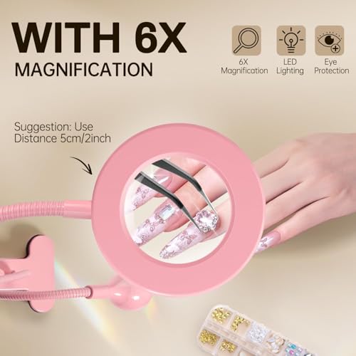 AORAEM LED UV Nail Lamp with Double-Head and 6X Magnifier, Pink - color: Magnifier-Pink