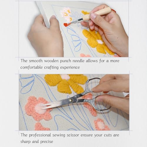 Mooncci 11.8 Inch Punch Needle Kit for Adult Beginners, Complete Embroidery Kits with Pre-Stretched Fabric on Wooden Frame, Tools & Guide for Home Wall Decor and Holiday Gift (Light Flowers) - color: Light Flowers