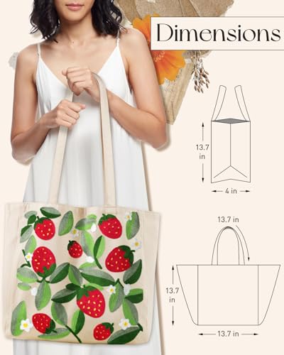 Miss Adola Lightweight Embroidery Canvas Tote Bag - color: Leaf Strawberry