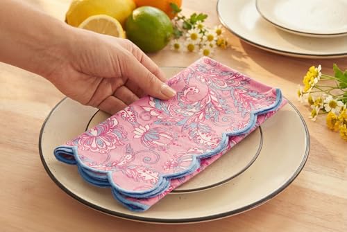PurpleEssences Scalloped Cloth Napkins 18x18 in - BlushPink Edge Light Blue - color: Blush Pink Edges - Light Blue
