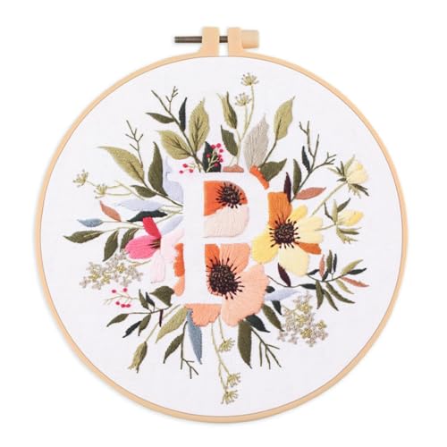 IUHUI Embroidery Kit for Beginners Adults - 26 Floral Letters Easy Patterns, DIY Hand Stitching Embroidery Set with Hoop (Flower and Grass Letter P) - color: Flower and Grass Letter P