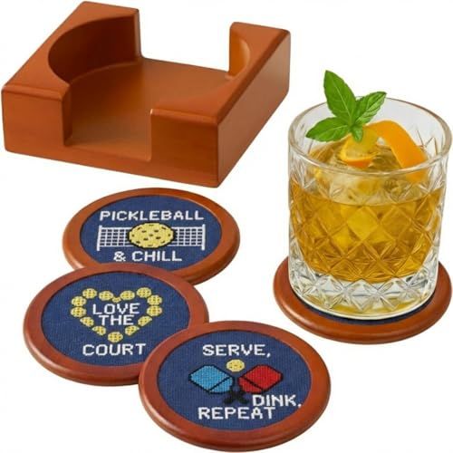 Khen Pickleball Hand-Stitched Needlepoint Coasters - Set of 4, Wooden Holder Solid Wood Needlepoint Inlay French Cotton Thread 4" Durable Decorative Gift, Drink Mats Unique Pickleballers Barware Gifts