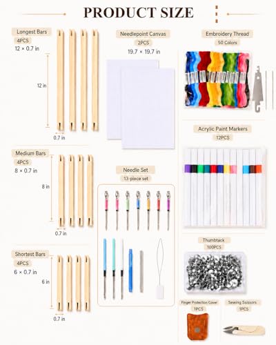 HAPPYER Needlepoint Stretcher Bars Kit, 12PCS Wooden Canvas Stretcher Bars Frame Set with Embroidery Kit, Cross Stitch Supplies, Fabric, Threads, Punch Needle Tools & Accessories for Needlework Craft - color: Light Wood Color
