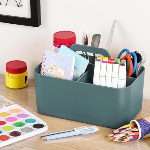 Multiuse Caddy Organizer with Handle, Portable Divided Plastic Tote Bin - Art Craft, Stationary Pen Marker Crayons, Makeup Hair Supplies Storage - Bathroom, Classroom, Dorm, Office, Desk Holder - Cyan - color: Cyan