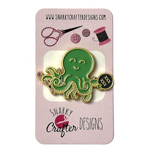 Green Stitching Octopus Holding Floss Hoop and Stork Scissors Enamel Needle Minder