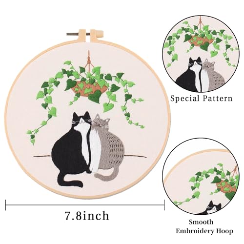 LB Funny Cat Embroidery Kit for Beginners Adults, 3 Sets Hand Embroidery Starter Kit with Floral Pattern and Instructions Stamped Cross Stitch Kits Include Embroidery Hoop Needles Threads Scissors - color: Grey