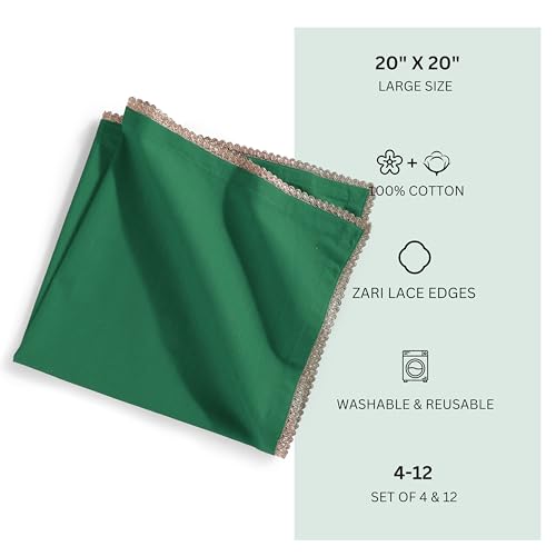 Lace Cloth Napkins, 100% Cotton, 12 Pack, 20x20 Inch, Eden Green/Golden - color: Eden Green/Golden Lace, size: 20" x 20" (Set of 12)
