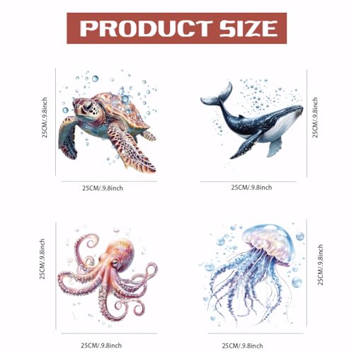 SUPERDANT 4PCS Marine Animals Iron on Transfer Paper Octopus Turtle Jellyfish Whale DIY Heat Transfer Sticker Washable Iron-on Decals for T Shirts DTF Transfers Ready to Press for Clothing Hoodie - style: Marine Animals