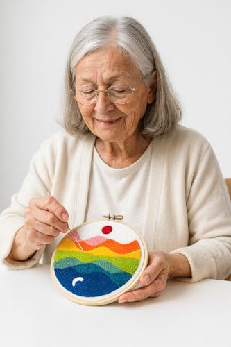 CELCRAFTIQUE Punch Needle Kits for Adults Beginner, Tool with Punch Needle Fabric, Hoops, Yarns and Sewing Needles (Style 2) - color: Rainbow Horizon