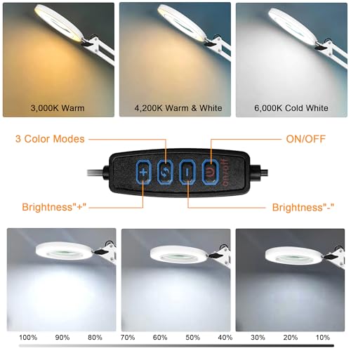 10X Magnifying Glass with Light and Stand, Magnifier with Light Hands Free, 3 Color Modes 10 Level Dimmable, Magnifying Real Glass LED Desk Lamp for Close Work, Repair, Reading, Craft, White