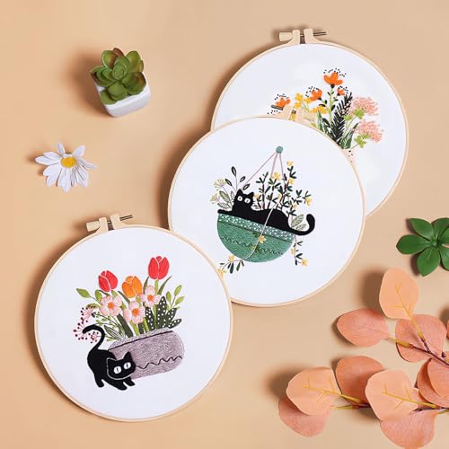 Embroidery Kit for Beginners, Adult Stamped Kits with Cat Floral Patterns