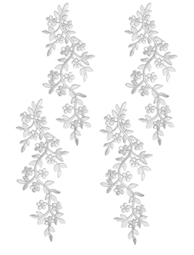 4 Pieces 10x5inch Long Patch Flower Vine with Leaf Iron on Patch Embroided Applique for Garment Curtain Pillow Blanket Trimming Shoes Jeans Clothing Embelishments (Silver) - color: Silver