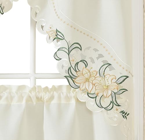 GOHD Lily Fragrance 3pcs Colorful Embroidery Kitchen Cafe Curtain Set.Beige - color: Beige