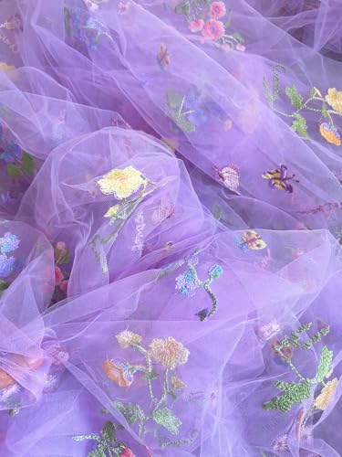 Elegant White Lace Fabric Tulle Fabric by Yard Colorful Floral Embroidery, 35x51in - Soft Tulle for DIY Dresses & Wedding Gowns, Hand Wash Only (Purple, 2 Yard（70x51in）) - color: Purple, size: 2 yard（70x51in）