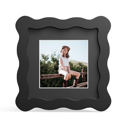4x4 Picture Frame with Mat for 3x3, Wavy Edge Wooden Real Glass Photo Frame for Tabletop and Wall Hanging, Black, 1 Pack - color: Black, size: 4x4 in