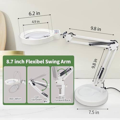 10X/20X Magnifying Glass with Light and Stand, LED Desk Magnifying lamp with Base and Clamp, 3 Color Mode, 10 Dimmable Levels Desktop Magnifier, Crafts Jewelry Sewing Close Work (White) - color: White