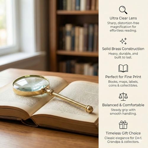 Magnifying Glass with Solid Brass Handle, Handheld Magnifying Glass Lens, Antique Magnifier, Reading, Inspection, Coin & Stamp, Astrologer, Low Sight Elderly Collectible Décor Gift - style: Brass Handel