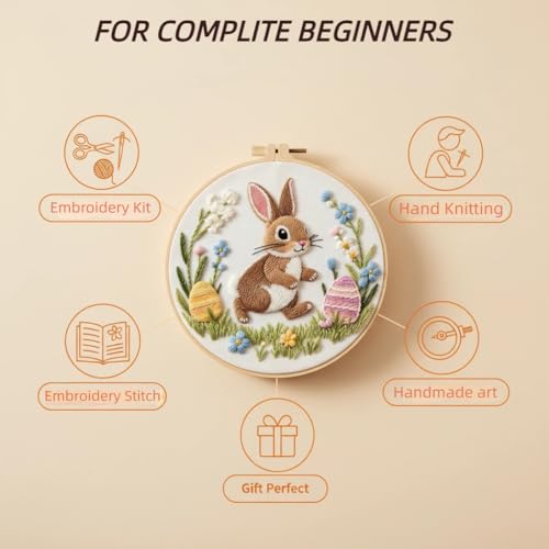PALUPJEF Rabbit Embroidery Kits for Beginners, Cross Stitch Kits for Adults Easy Needlepoint Kits for Adults with Funny Animal Pattern,DIY Needlepoint Embroidery Starter Kit with Instructions