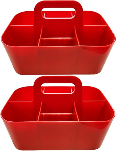 2 Pack Small 6 Compartment Multiuse Caddy Organizer with Handle Art Craft Supplies, Office, Desk, Stationery Pen Holder Stackable- Made In USA (Red) - color: Red
