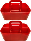 2 Pack Small 6 Compartment Multiuse Caddy Organizer with Handle Art Craft Supplies, Office, Desk, Stationery Pen Holder Stackable- Made In USA (Red) - color: Red