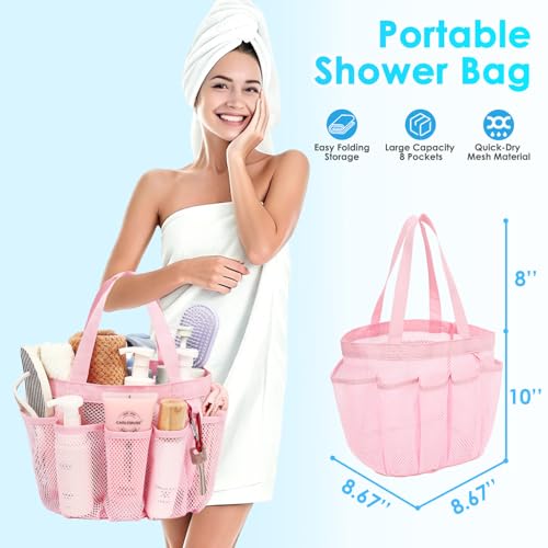Fammart Mesh Shower Caddy Portable for College Dorm Room Essentials, Odorless Polyester Large Shower Tote Bag with Dual Handles, 8-Pocket Quick-Dry Toiletry Organizer for Travel, Beach, Camping, Gym - color: Multiple Pockets, 1 Pack - Pink