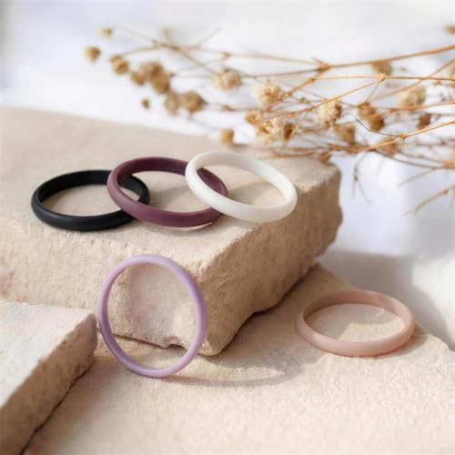 Egnaro Women's Silicone Wedding Ring 2.5mm Wide 1.8mm Thick Rubber Band Set - color: A5-Black, Orchid Haze, White, Light Pink, Light Purple