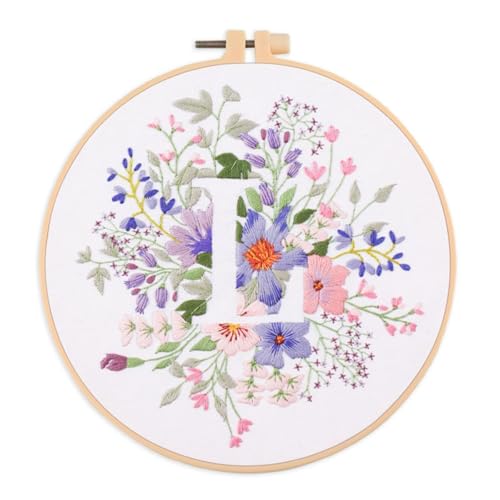IUHUI Embroidery Kit for Beginners Adults - 26 Floral Letters Easy Patterns, DIY Hand Stitching Embroidery Set with Hoop (Flower and Grass Letter L) - color: Flower and Grass Letter L