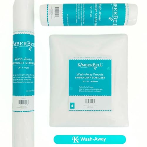 Kimberbell Wash-Away Embroidery Stabilizer – 12" x 10 Yards – Ideal for Freestanding Lace, Cutwork & Sheer Fabrics – Fast-Dissolving Water-Soluble Backing for Machine Embroidery