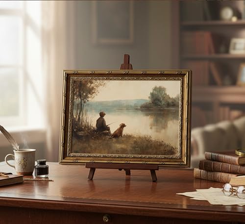 Glod Framed Vintage Fishing Boy Canvas Wall Art Farmhouse Country Boy and Dog Fishing Landscape Paintings Pictures Wall Decor Posters Prints Artwork for Bedroom Office Gallery Home Decoration - color: Fishing boy, size: 16"L x 12"W