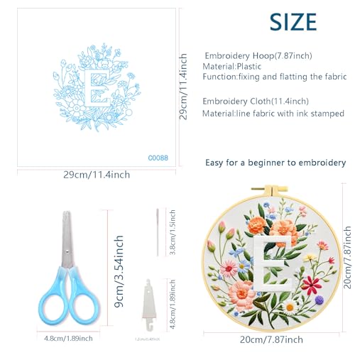Zhenqing Letter E Floral Embroidery Kit for Beginners, Pre-Printed 29x29cm Cotton Fabric with 20cm Hoop, Elegant Monogram Art for Home Decor(C0088)
