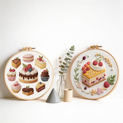 spicssa Embroidery Kit for Beginners, Hand Needlepoint Kits for Adults with Pre-Stamped Patterns, 7.8-Inch Hoop, Threads & Needles, Step by Step Instructions - color: Cake B