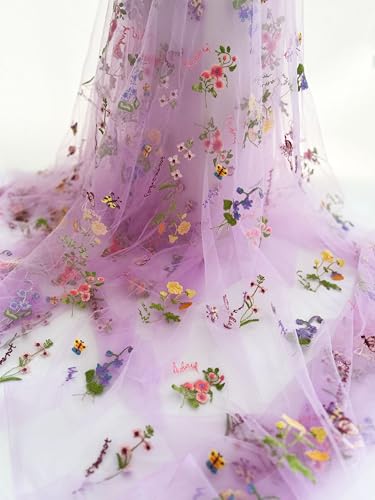 Elegant White Lace Fabric Tulle Fabric by Yard Colorful Floral Embroidery, 35x51in - Soft Tulle for DIY Dresses & Wedding Gowns, Hand Wash Only (Purple, 1 Yard（35x51in）) - color: Purple, size: 1 yard（35x51in）