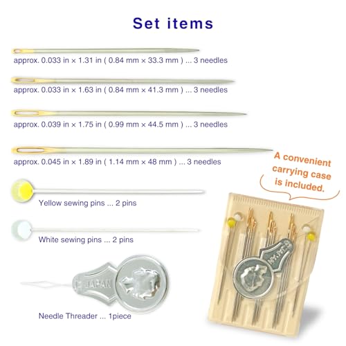 TUKUMO Sashiko Needles with pins Sewing Needles 4 Sizes of Needles Sharp with 1 Threaders Made in Japan