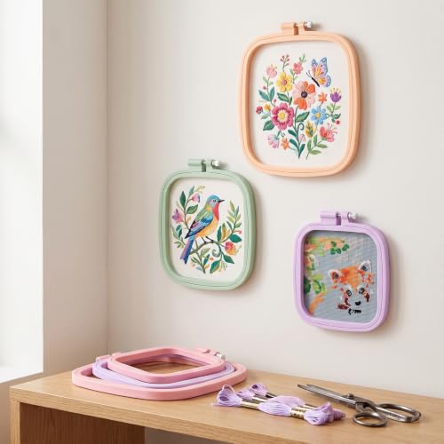 LAMXD 4 Pieces Embroidery Hoop Rectangle Square Embroidery Frame Cross Stitch Hoop Sewing Tool for Art Craft Handy Sewing (Multicolor),with Gold Eye Embroidery Needles - style: 4 sizes square
