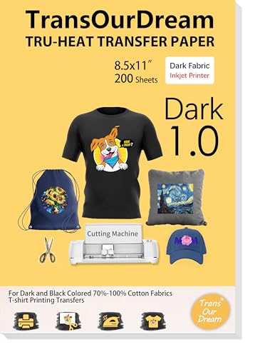 TransOurDream Heat Transfer Paper for Dark Fabric (200 Sheets, 8.5x11) Printable Heat Transfer Vinyl for T-Shirts Iron on Transfers for Inkjet Printer - color: Dark, size: 200 Sheets