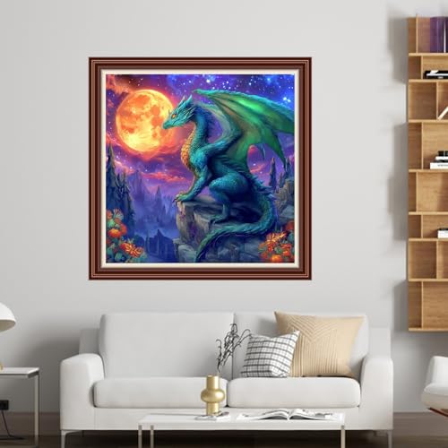 Dimensean Counted Cross Stitch Kit for Beginners, 11CT Unprinted Cross-Stitch Kit Easy Patterns Needlepoint Kit Cross Stitching Embroidery Kit Supplies-Moonlit Blue Winged Dragon 18x18 inch - color: DIYColor07