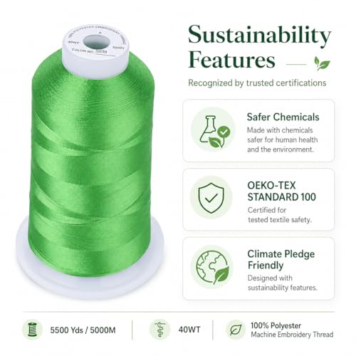 Simthread 5500Yds Embroidery Thread, 5000M High-Yardage 40WT 100% Polyester Thread – 170+ Vivid Colors, High-Speed Rated – Compatible with Brother, Singer, Janome & More - Christmas Green S039 - color: ChristmasGreenS039