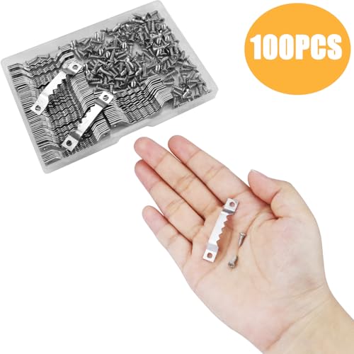 Sawtooth Picture Hangers,100 Pcs Black Steel Photo Frame Hanging Hangers 200 Screws for Wall Clock Paintings Wood Craft Decor Artwork Signs Posters Picture Frame Sketch Hanger,Cross-Stitch (Silver) - color: Silver