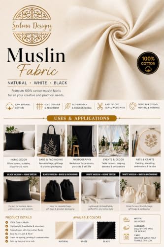 Sedona Designz Bleached White 100% Cotton Muslin Fabric – 60 Inch Wide Draping Textile by The Yard (5 Yards) - size: 5 Yards