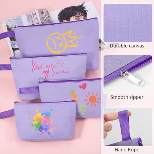 10 Pieces Cotton Canvas Makeup Bag with Bottom and Strap, Multi-Purpose Cosmetic Bag with Zipper Travel Toiletry Pouch, Blank DIY Craft Bag (Purple, M) - color: Purple, size: M