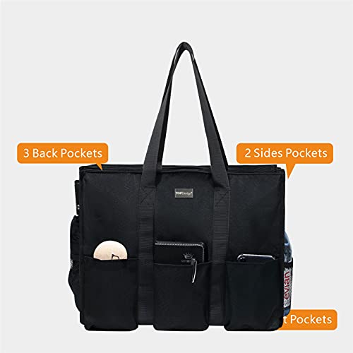 TOPDesign Utility Water Resistant Tote Bag with 13 Pockets, Zipper Closure - color: Black, size: Medium