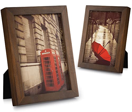 Emfogo 5x7 Picture Frame, Pack of 2 Rustic Picture Frames 5x7 with Real Glass, Solid Wood 5x7 Photo Frame for Table Top Display or Wall Mounted (Vintage Walnut) - color: Vintage Walnut, size: 5x7 inch