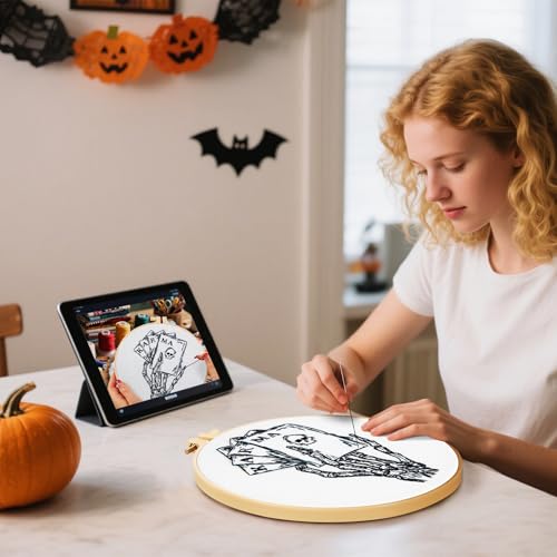 Gothic Tarot Embroidery Kits for Beginners Adults, Halloween Hand Bone Embroidery Starter Kits, Skull Cross Stitch Kits for Beginner Adults Hobbies for Women, Embroidery Fabric, Hoops & Video Tutorial - color: H2024
