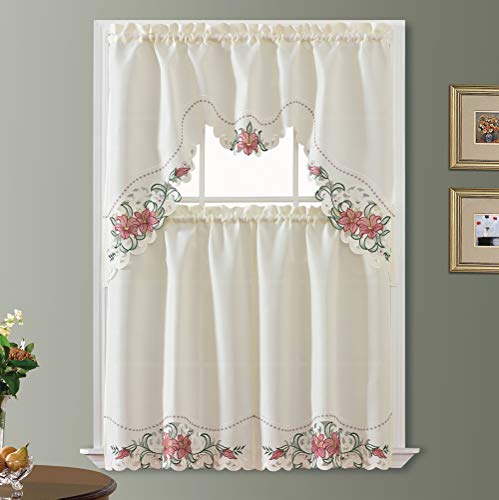 GOHD Lily Fragrance. 3pcs Multi-Color Embroidery Kitchen Cafe Curtain Set Swag and Tiers Set with cutworks. (Burgundy) - color: Burgundy