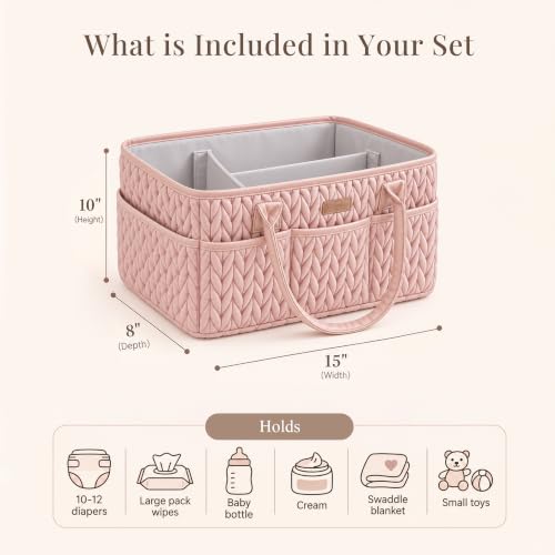 Konssy Baby Diaper Caddy Organizer, Braided Quilted Design with PU Handles - color: Blush