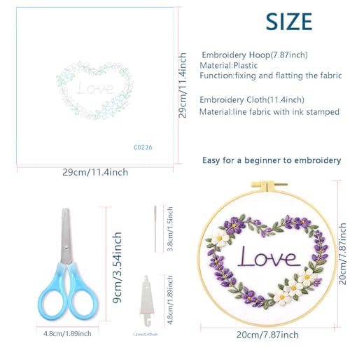 Zhenqing Heart Wreath Embroidery Kit for Beginners, Pre-Printed 29x29cm Cotton Fabric with 20cm Hoop, Love Floral Design for Romantic Gift and Home Decor (C0236)